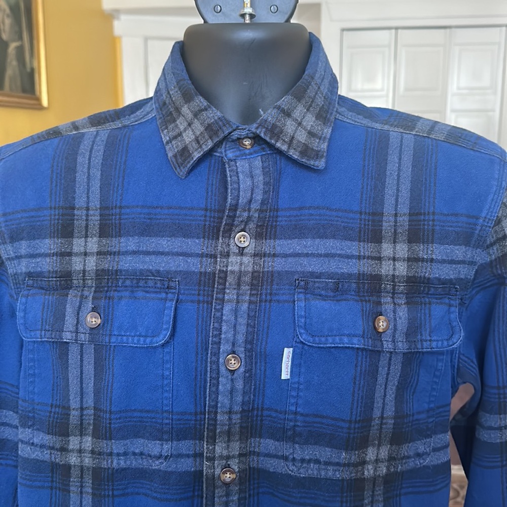 Carhartt Original Fit Plaid Flannel Button Down Shirt Blue Size S - Picture 5 of 12